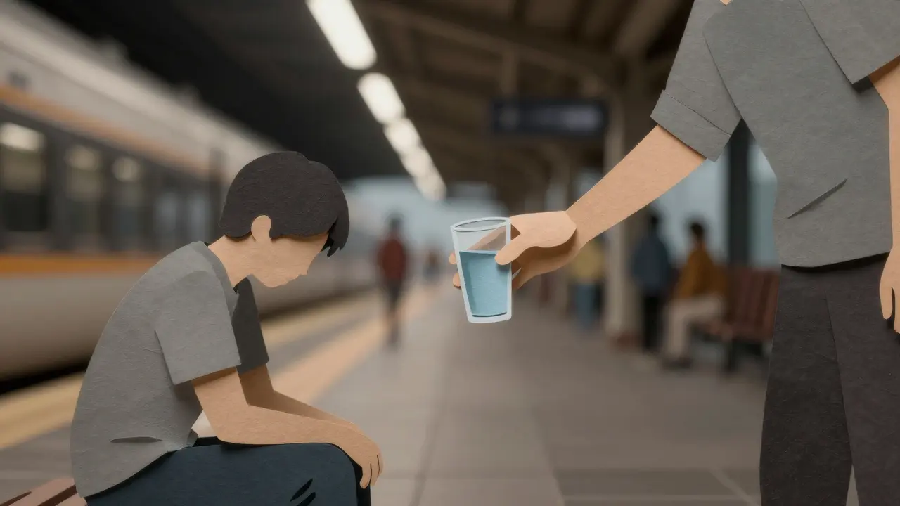 Ruka podává sklenici vody někomu, kdo sedí na zemi na nádraží, ostatní jsou rozmazaní.