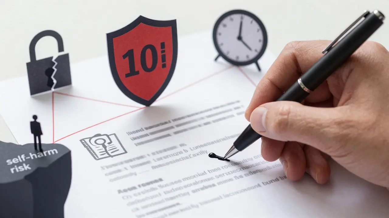 Ruka podepisující smlouvu s papírovými symboly důvěrnosti, pojištění a zrušení termínu v pozadí.