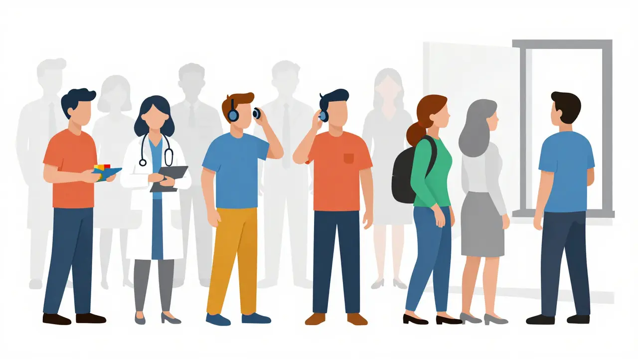 Různí dospělí s autismem provádějí osobní rutiny, zatímco za nimi postupně vymizí obrazy ostatních.