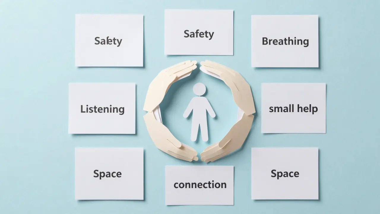 Šest kroků první pomoci v duševním zdraví znázorněno jako kruh z papírových rukou, které obklopují postavu.