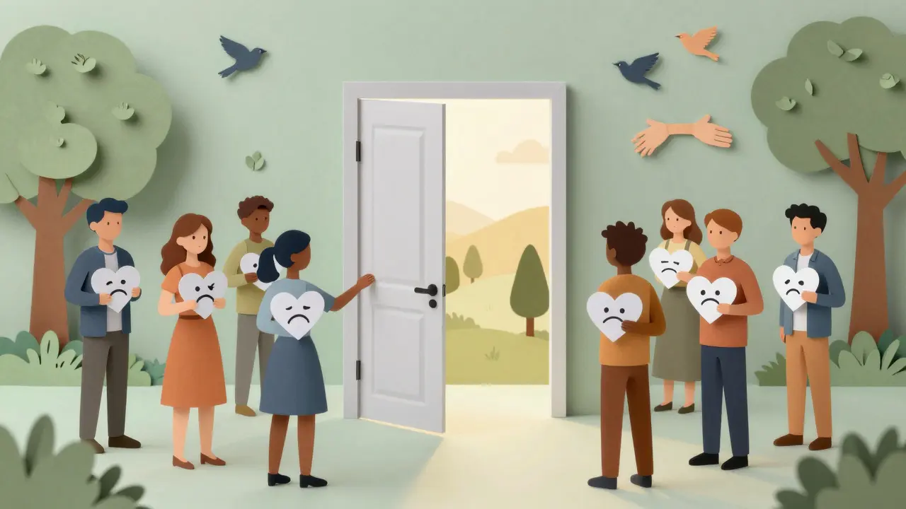 Skupina lidí drží srdce s emocemi, zatímco jedna osoba otevírá dveře do teplé krajiny, symbolizující útěchu a spojení.