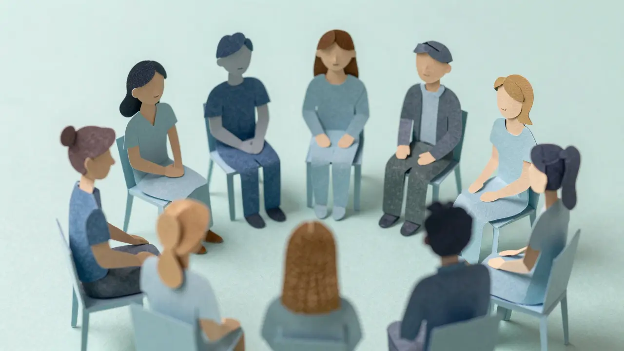 Skupina lidí v kruhu během psychoterapie