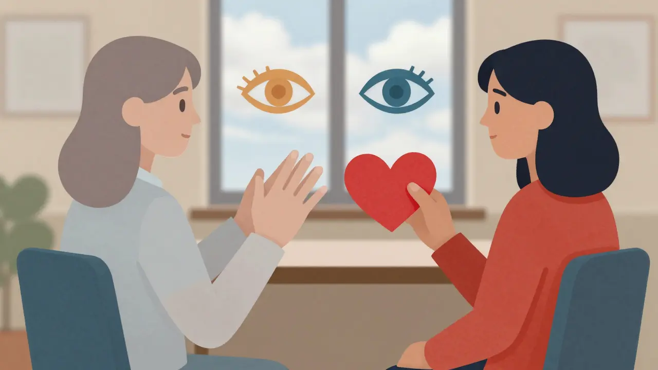 Terapeut a klient sedí spolu, propojeni překrývajícími se papírovými tvarovými elementy.