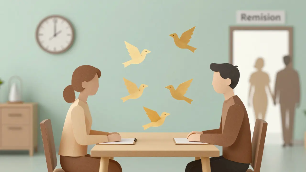 Terapeut a klient sedí u stolu, mezi nimi vznášejí se papírové ptáčky znázorňující čtyři moduly DBT, na pozadí jsou postavy směřující k výzvě 'Remise'.