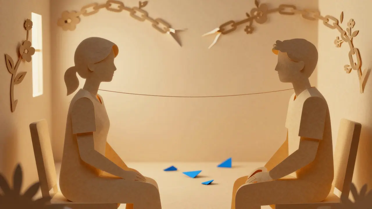 Terapeut a klient sedí vedle sebe, spojení jemným papírovým vláknem, symbolizující důvěru.