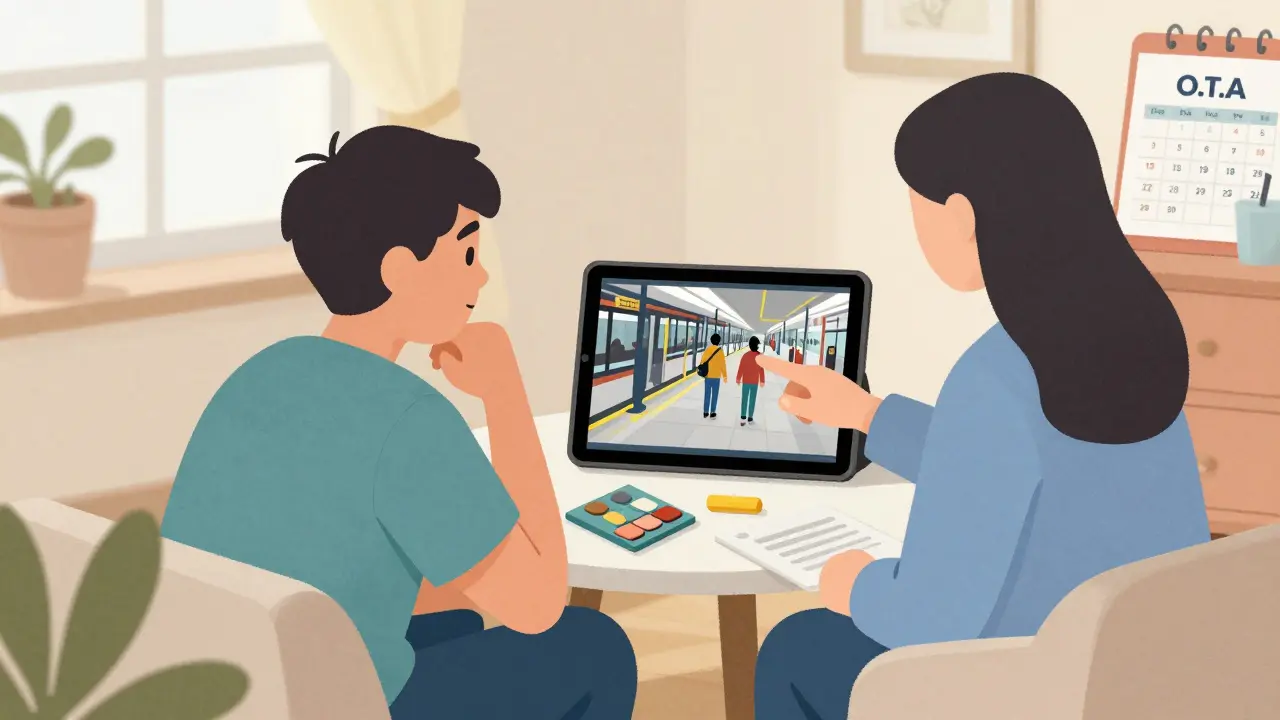 Terapeut a klient společně sledují videozáznam sociální situace na tabletu.