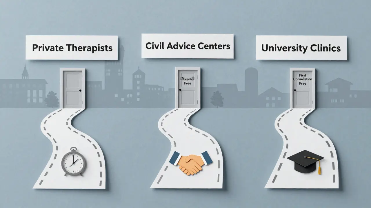 Tři cesty vede k dveřím s nápisem 'První konzultace zdarma', každá s jiným symbolem: hodinky, stisk ruky a kapelí.