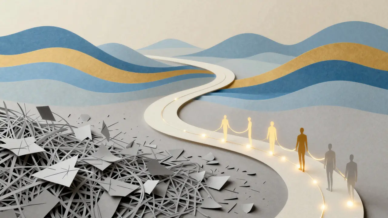 Abstraktní papírová cesta od stresu k harmonii těla