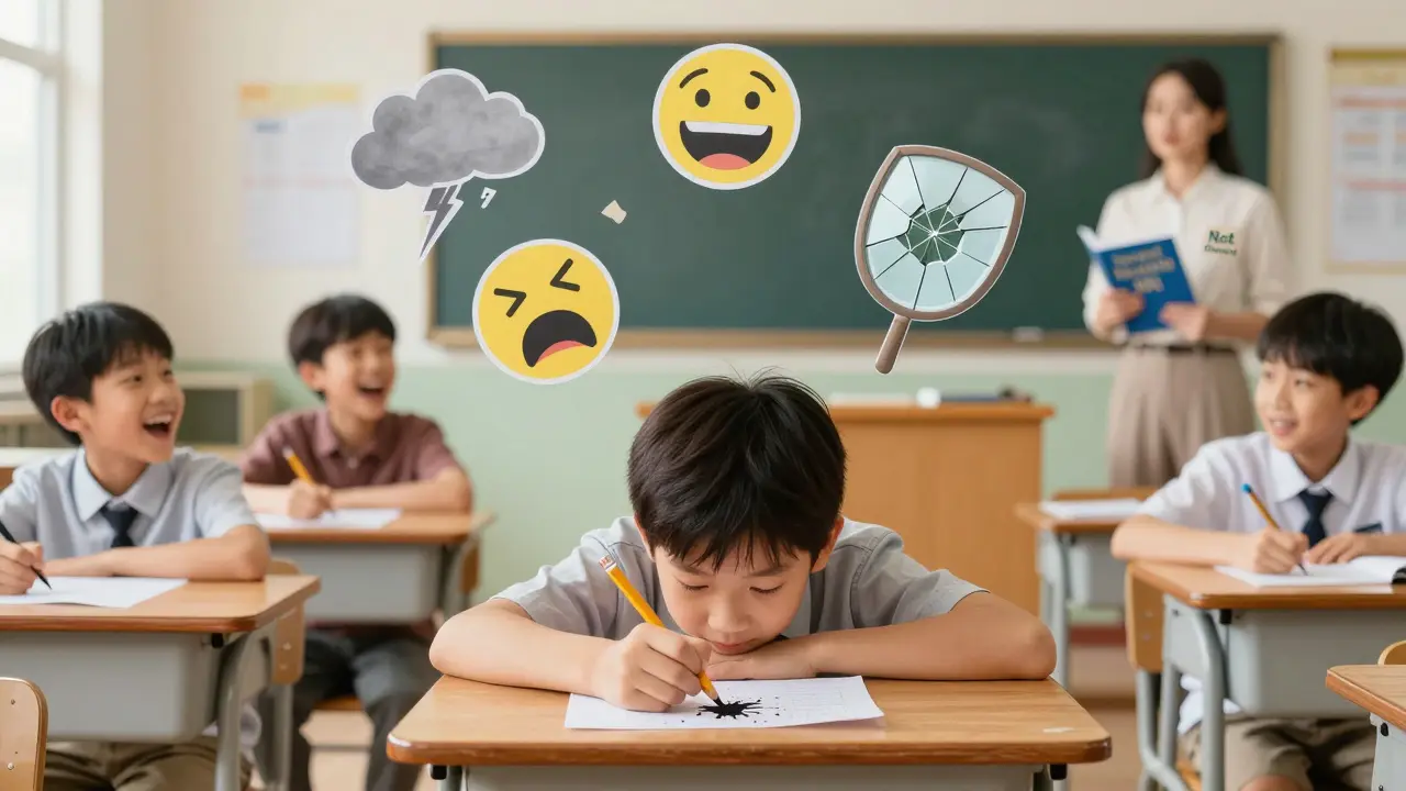 Boy hiding forearm in classroom while emotional symbols float above him.