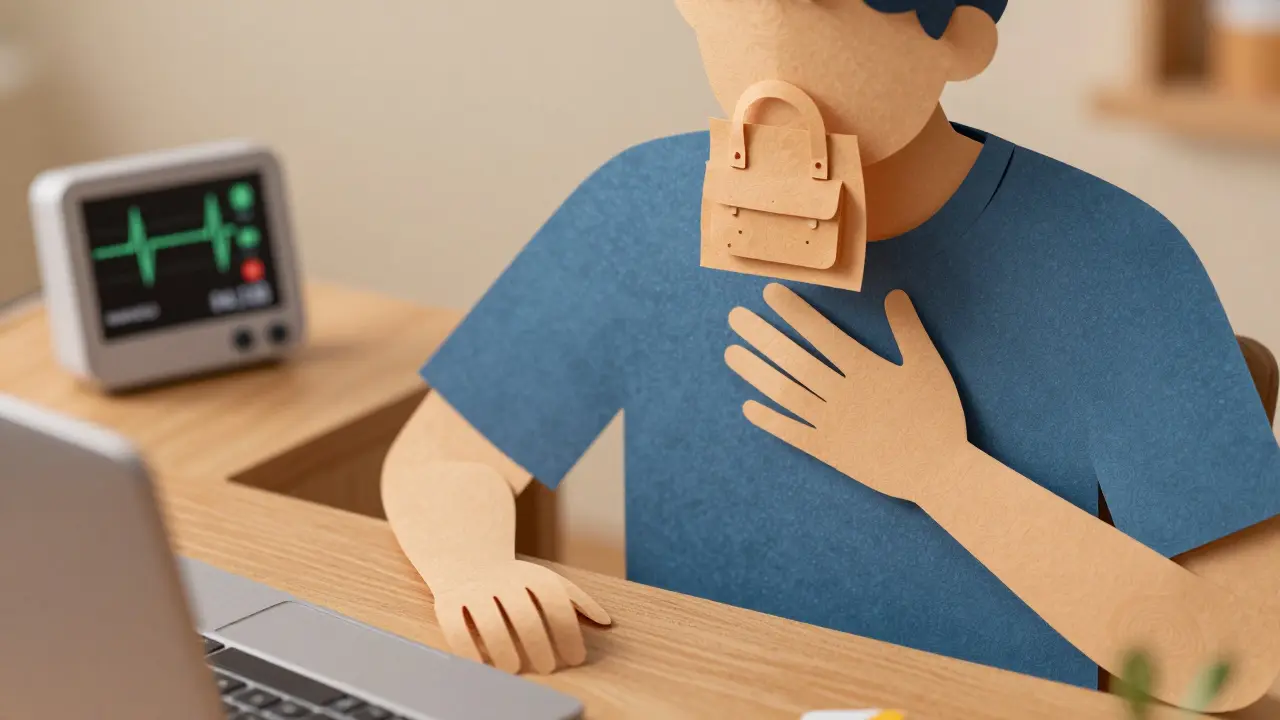 Člověk dýchá do papírového sáčku, zatímco monitor ukazuje zpomalení srdeční frekvence