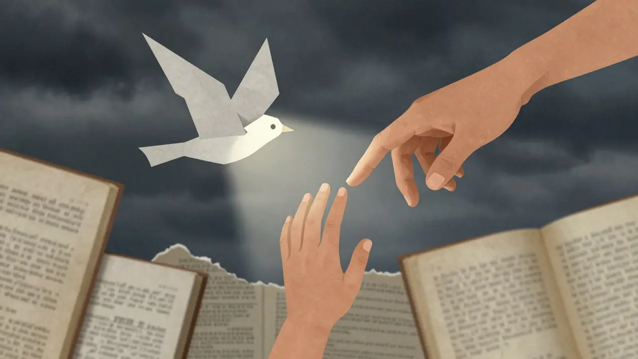 Dětská ruka se táhne k dospělé, za nimi bouřlivý nebe z torných stránek, zatímco pták s poškozeným křídlem letí nahoru.