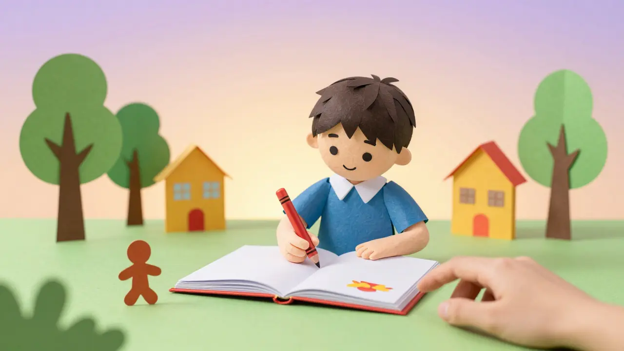 Dítě kreslí příběh pomocí hraček a papírových postaviček, terapeut pozoruje s úctou.