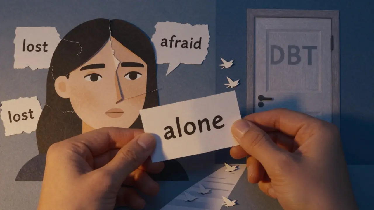 Fragmentovaná sebeobrázka s emocemi, kterou podrží podpírající ruce, cesta vede k dveřím s nápisem DBT.