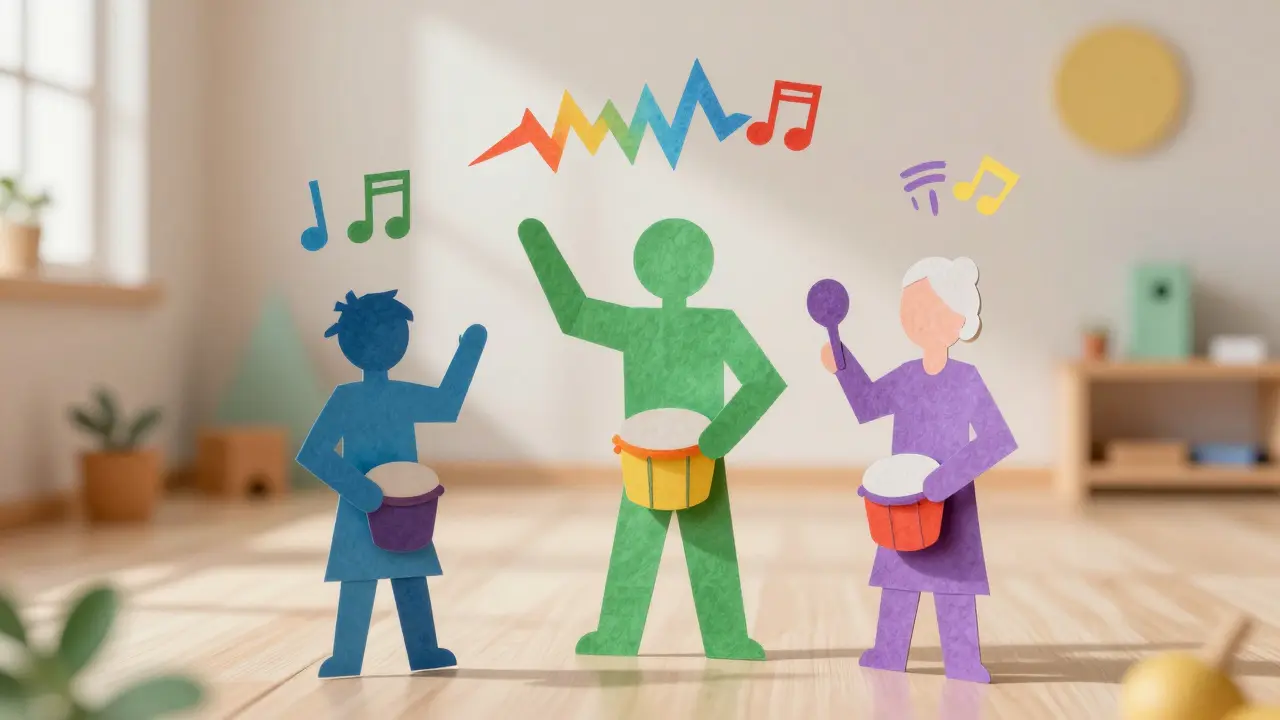 Ilustrace různé generace hrající na nástroje společně