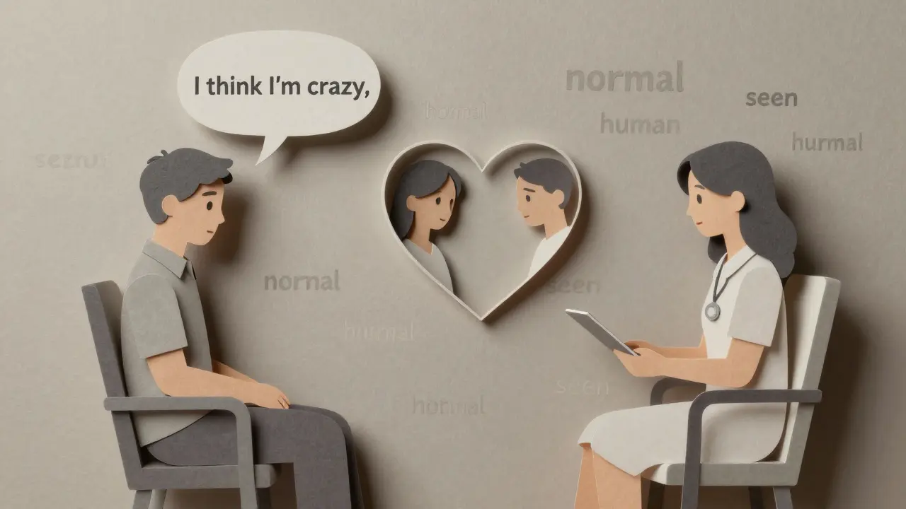 Klient říká, že si myslí, že je šílený, zatímco terapeut odrazuje jeho city jako srdce mezi nimi.