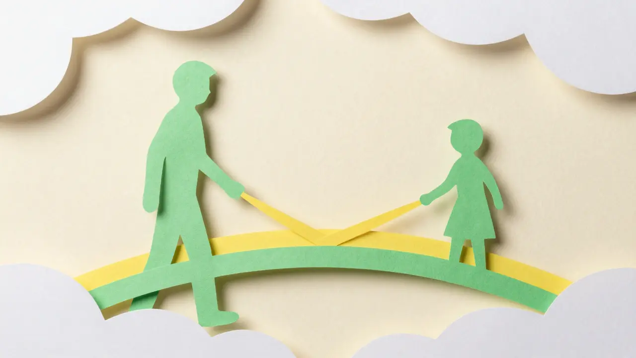 Papírová kompozice znázorňující klidné spojení mezi rodičem a dítětem.