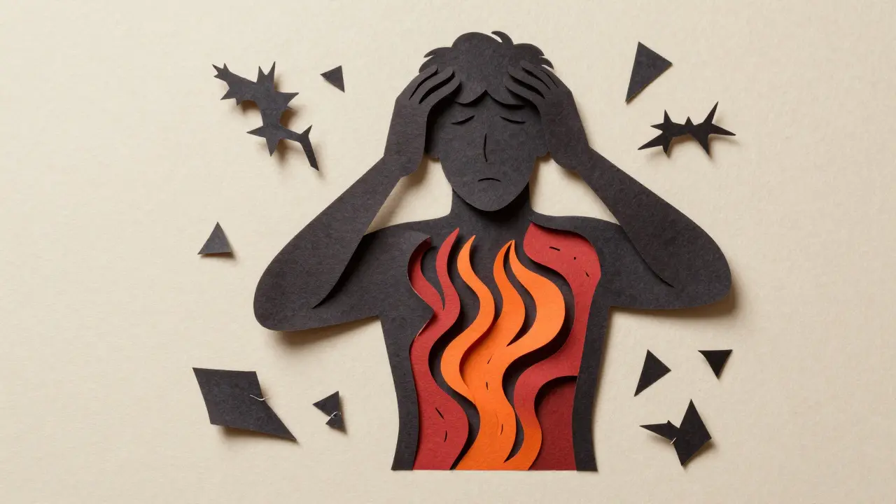 Papírová silueta těla s abstraktními známkami bolesti a vyčerpání.