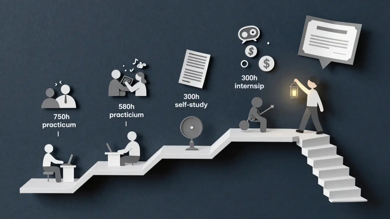 Pětiletý výcvik psychoterapeuty jako schodová cesta s klíčovými prvky a certifikátem na vrcholu.