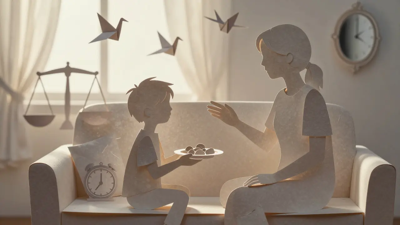 Rodič a dítě sedí spolu, podporují se, zatímco minulé starosti se mění v žížaly.