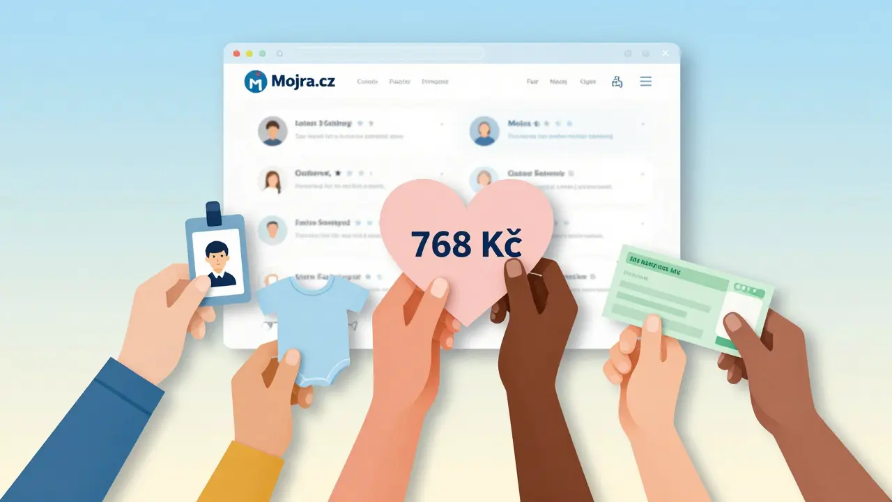 Různé ruce těží k srdci s cenou 768 Kč, symbolizující přístupnost terapie pro různé skupiny.