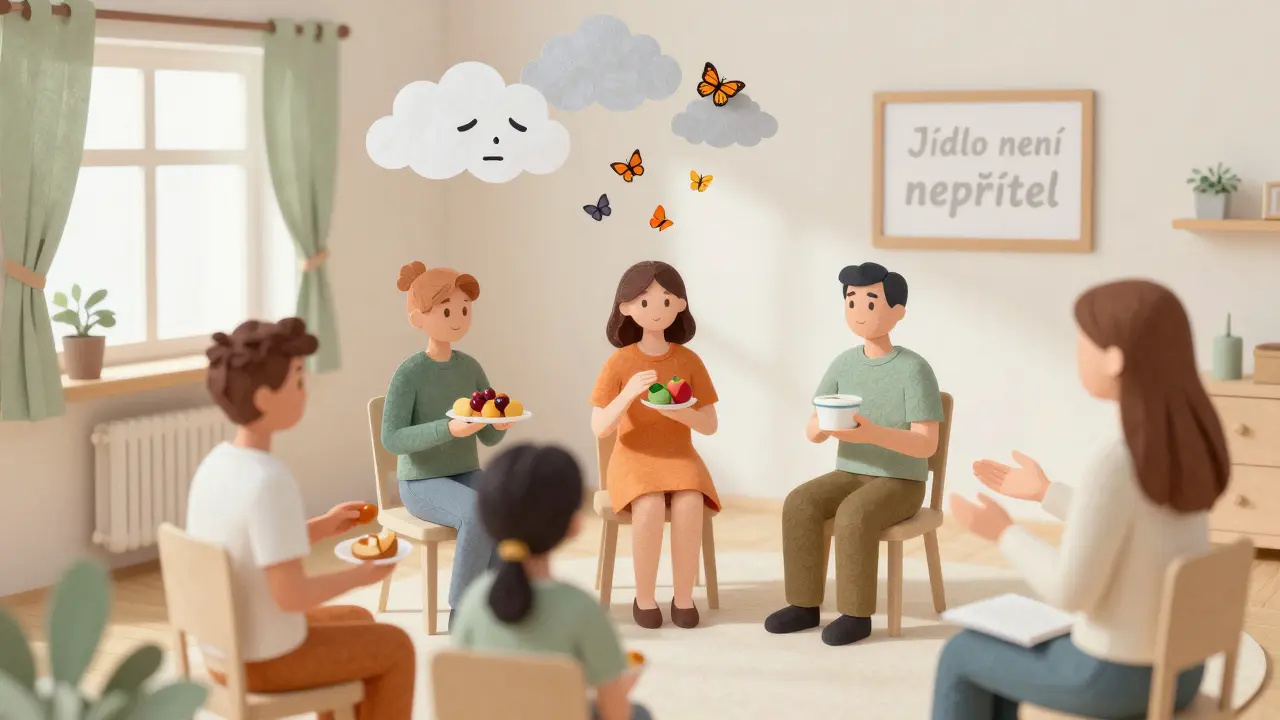 Skupina lidí v terapii s jídlem, s papírovými vřísky anxiety, které se mění v motýly.