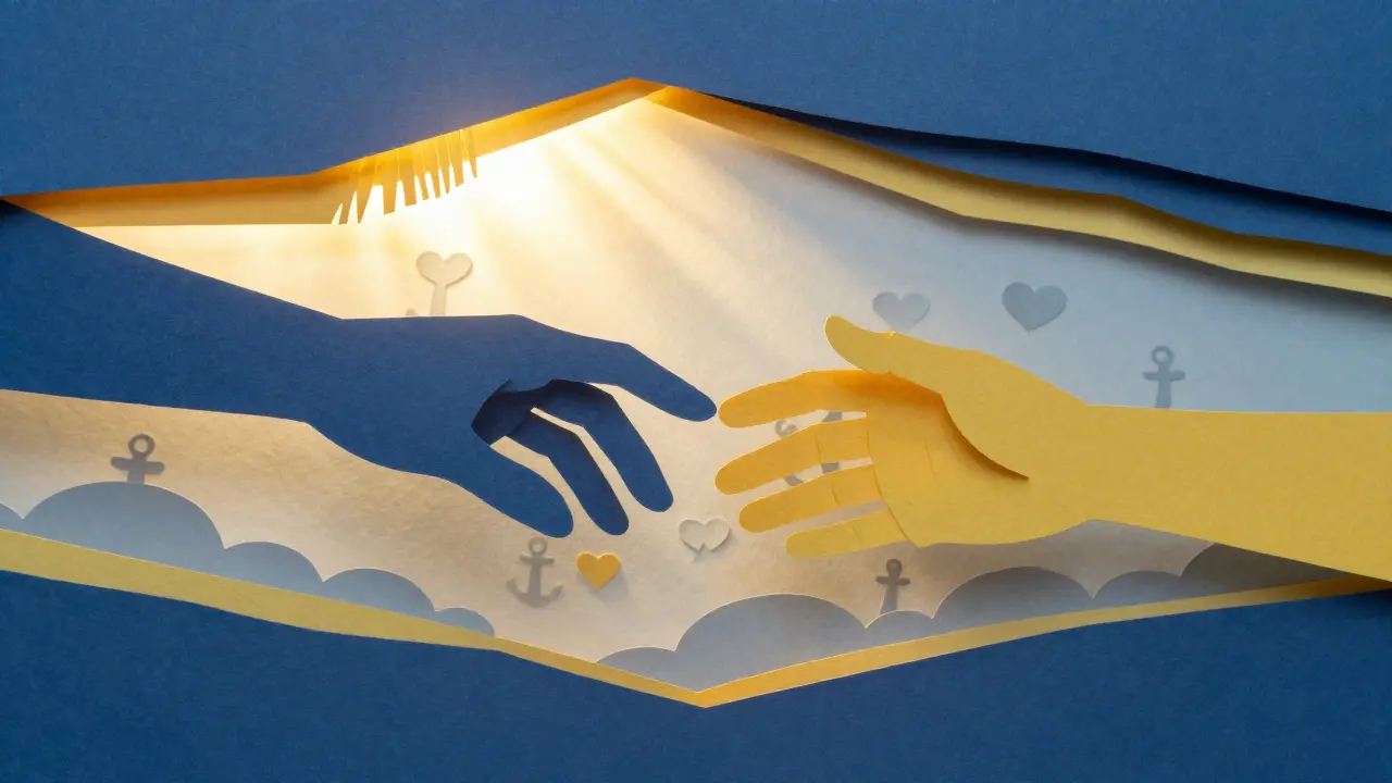 Spojené ruce z papíru symbolizující naději a dostupnost pomoci.