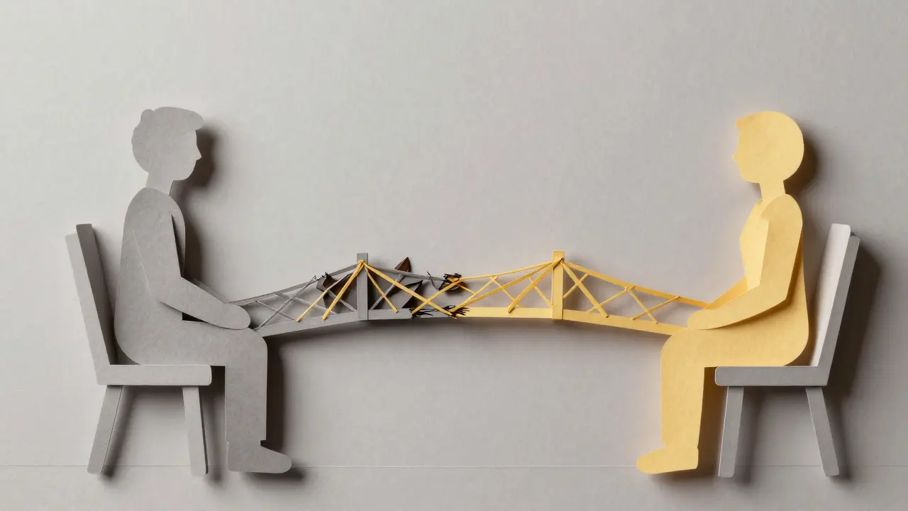 Terapeut a klient sedí vedle sebe, mezi nimi průhledný most z nitě, symbolizující přechod od hanby k přijetí.