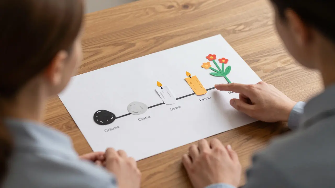 Terapeut a klient spolu sledují životní čáru s papírovými symboly traumatu a bezpečí.