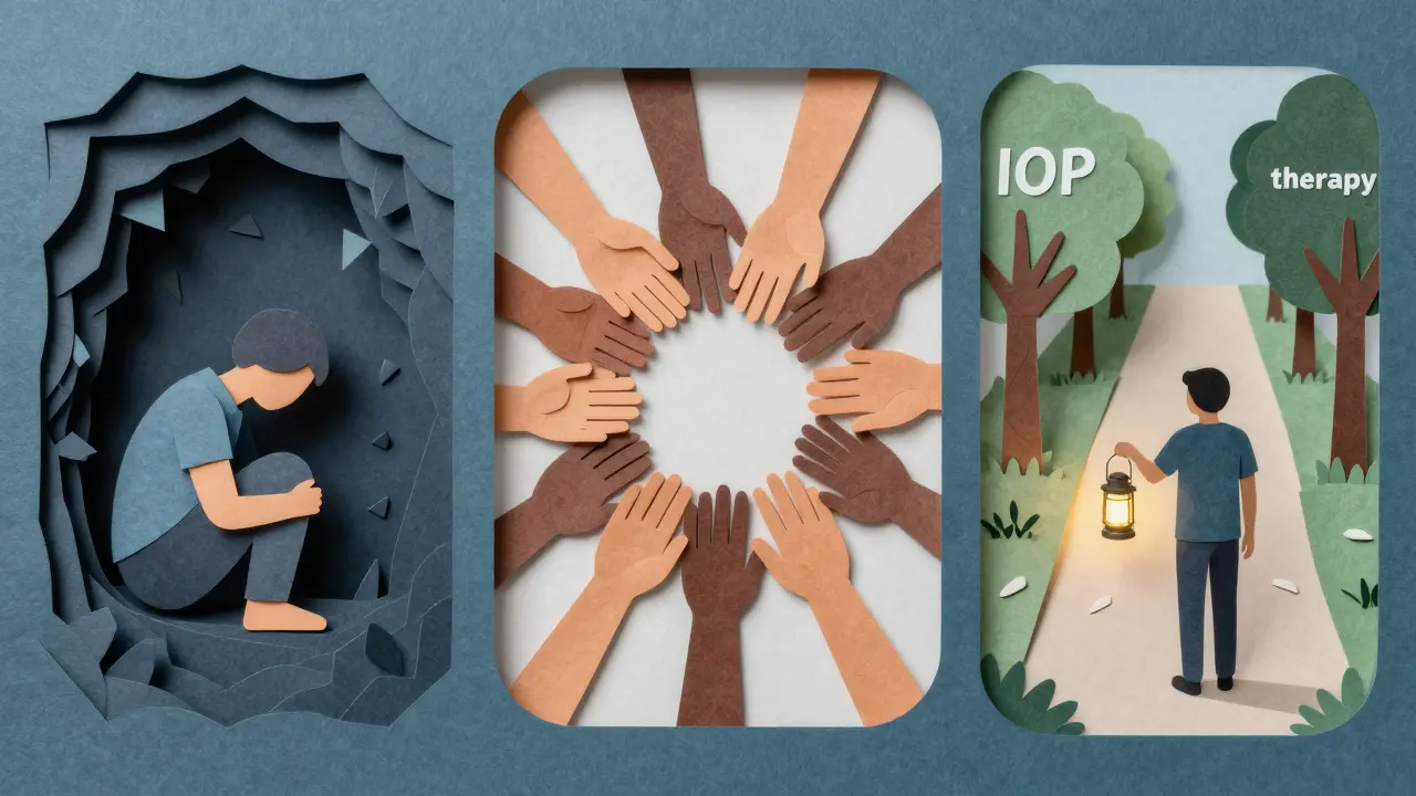 Tříčásti příběhu: krize, podpora, cesta dopředu – papírové ilustrace symbolizují léčbu a naději.