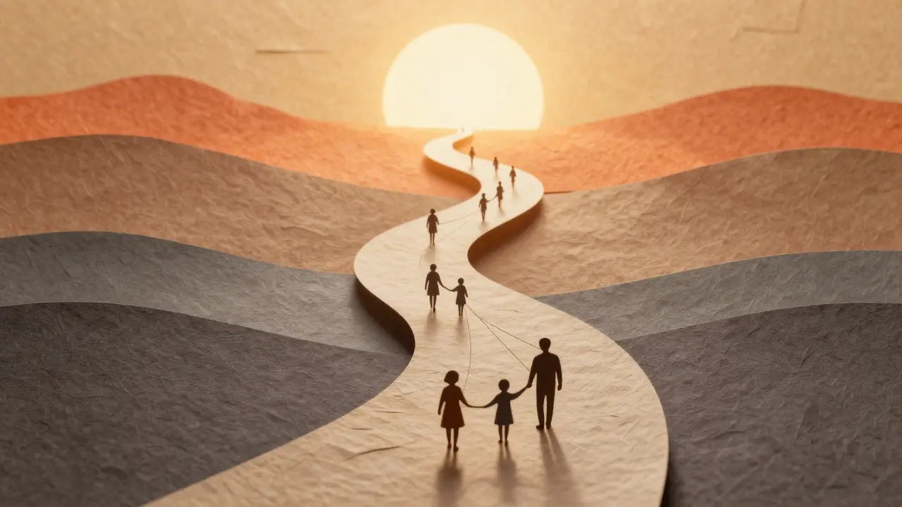 Vrstvená cesta z papíru vedoucí k jasnému světlu a naději.