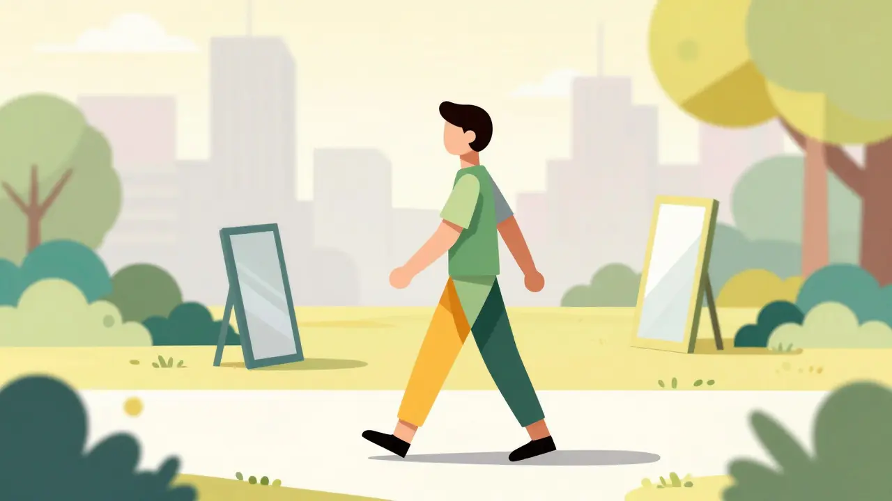 Barevná papírová ilustrace sebevědomého člověka v parku, zanechávajícího zrcadla v pozadí.