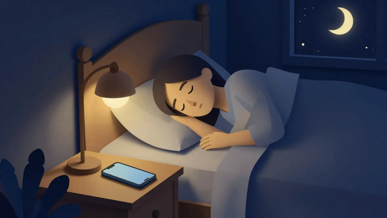 Ilustrace z papírových výřezů znázornující digitální detox a klidný spánek.