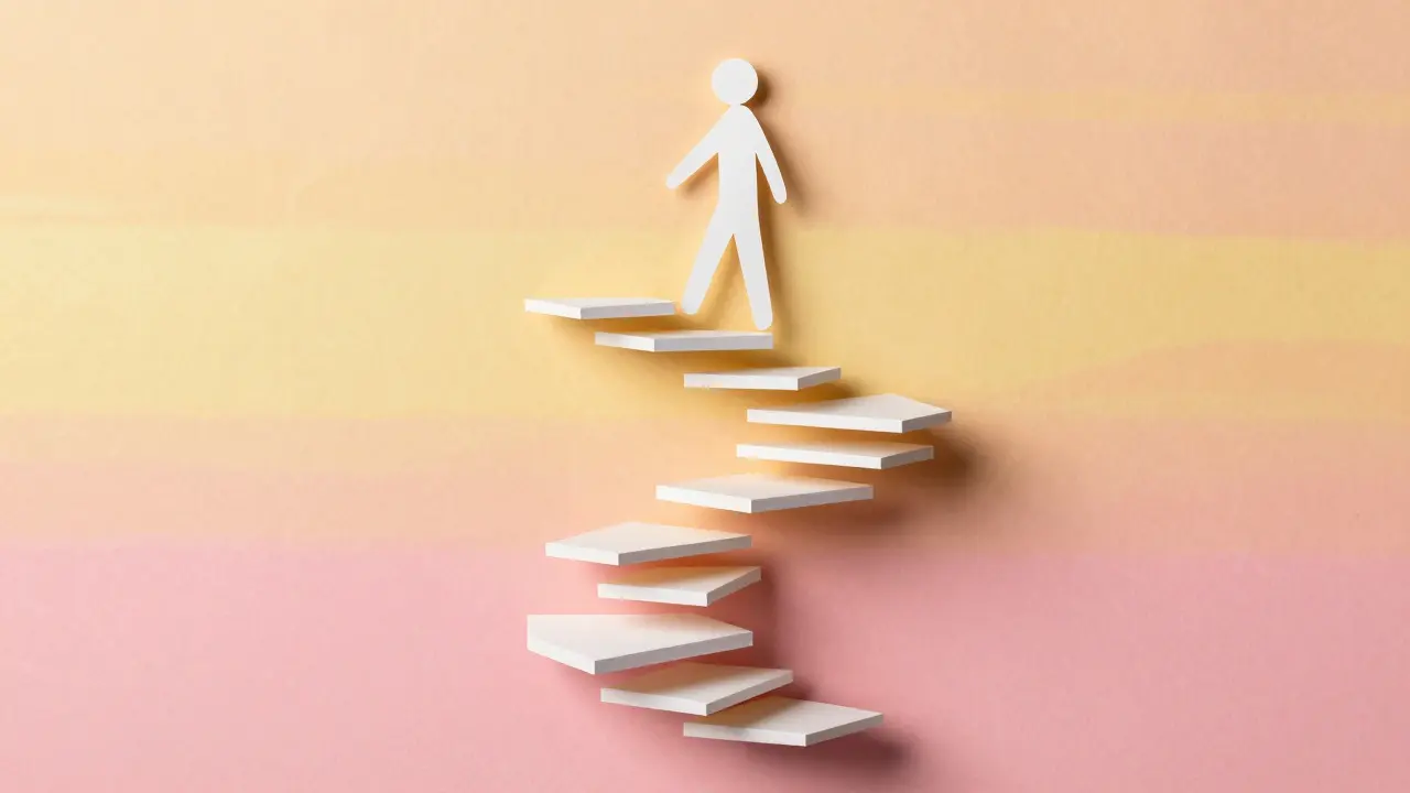 Kertasová ilustrace osoby stoupající po schodech k novému začátku a osobnímu rozvoji.