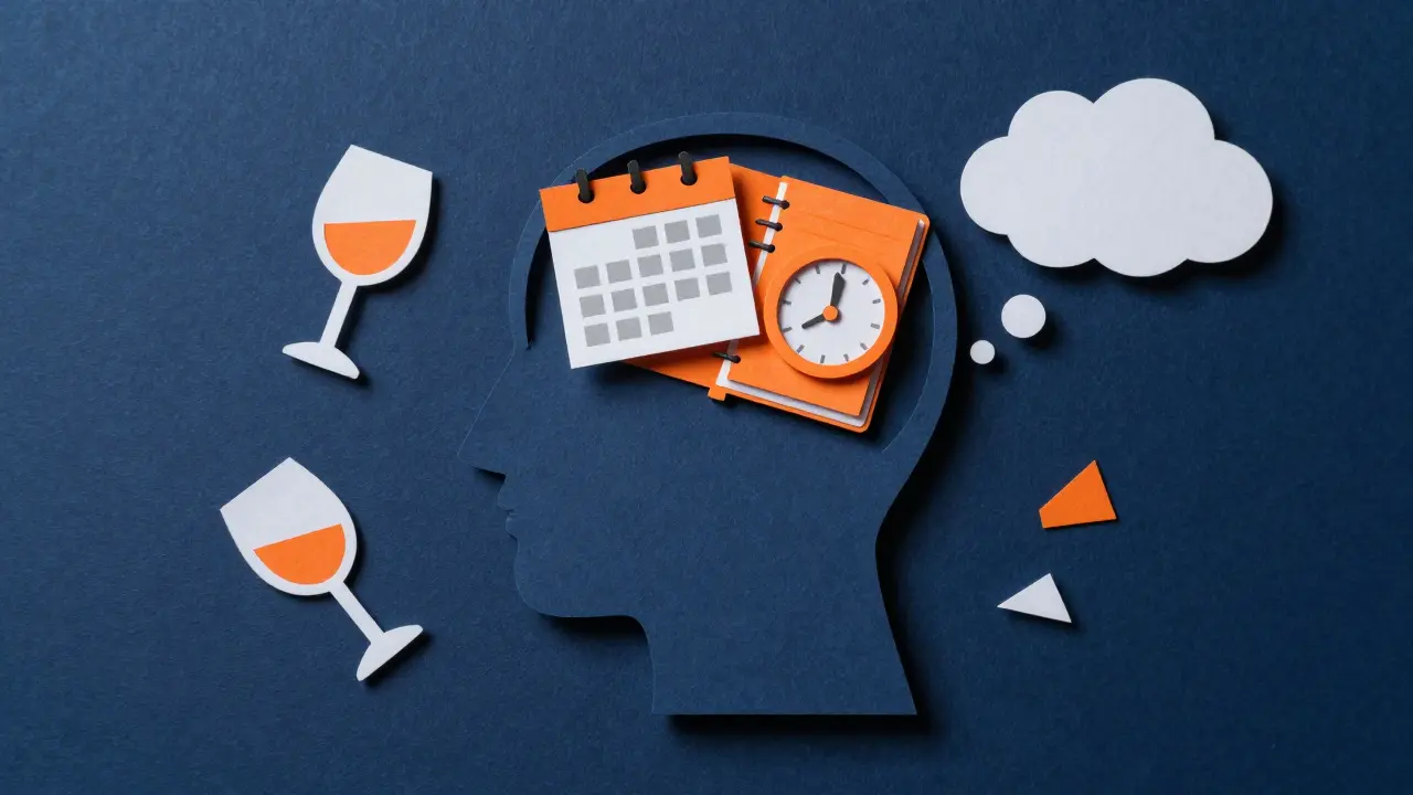 Kertasová ilustrace profilu hlavy s prvky plánování a analýzy zvyků pro sebekontrolu.