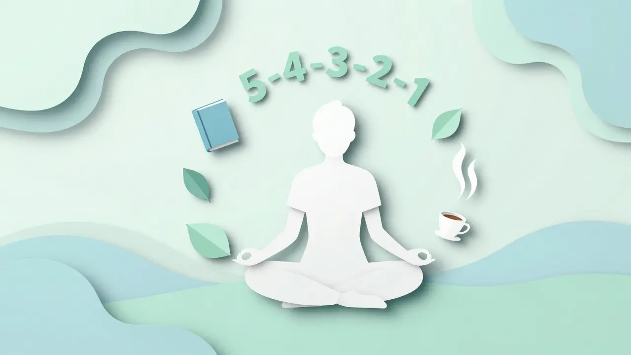 Klidná papírová ilustrace osoby praktikující techniky dýchání a uzemnění.