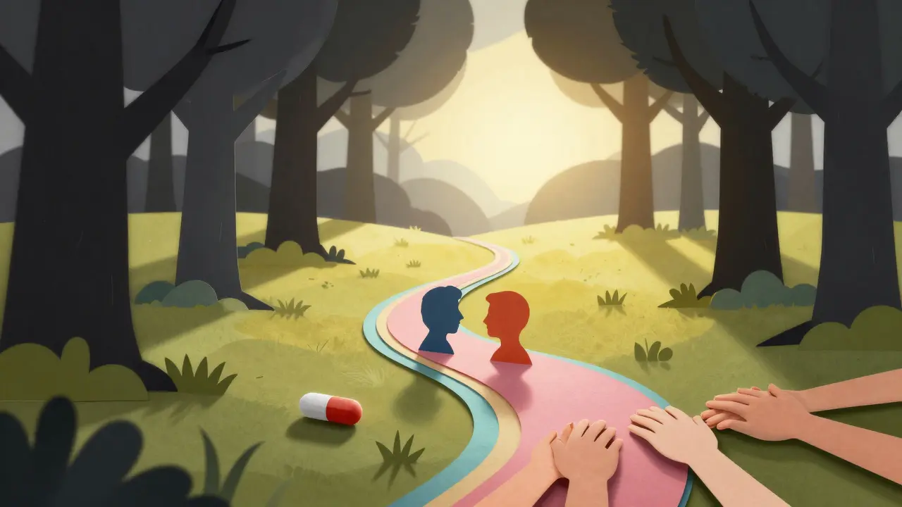 Kolaž z papíru znázornující cestu z temnoty k uzdravení s symboly terapie a sociální podpory.