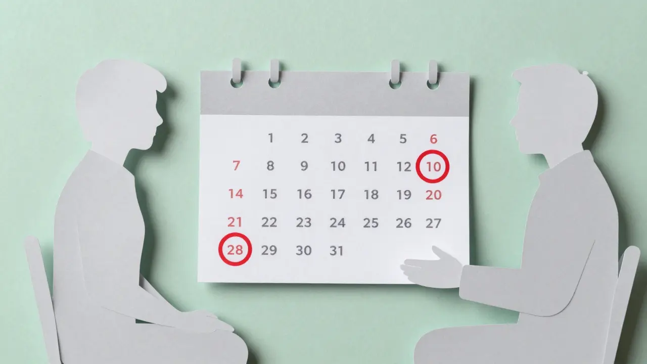 Kolaž z papíru znázornující domluvu terapeuta a klienta o termínu návratu po přestávce.