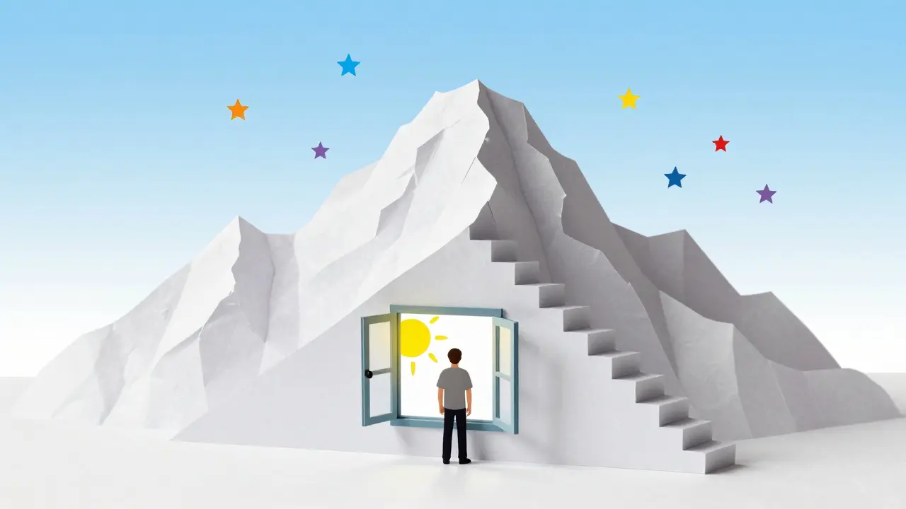 Kolaž z papíru znázornující přeměnu náročného úkolu na malé, zvladatelné kroky.