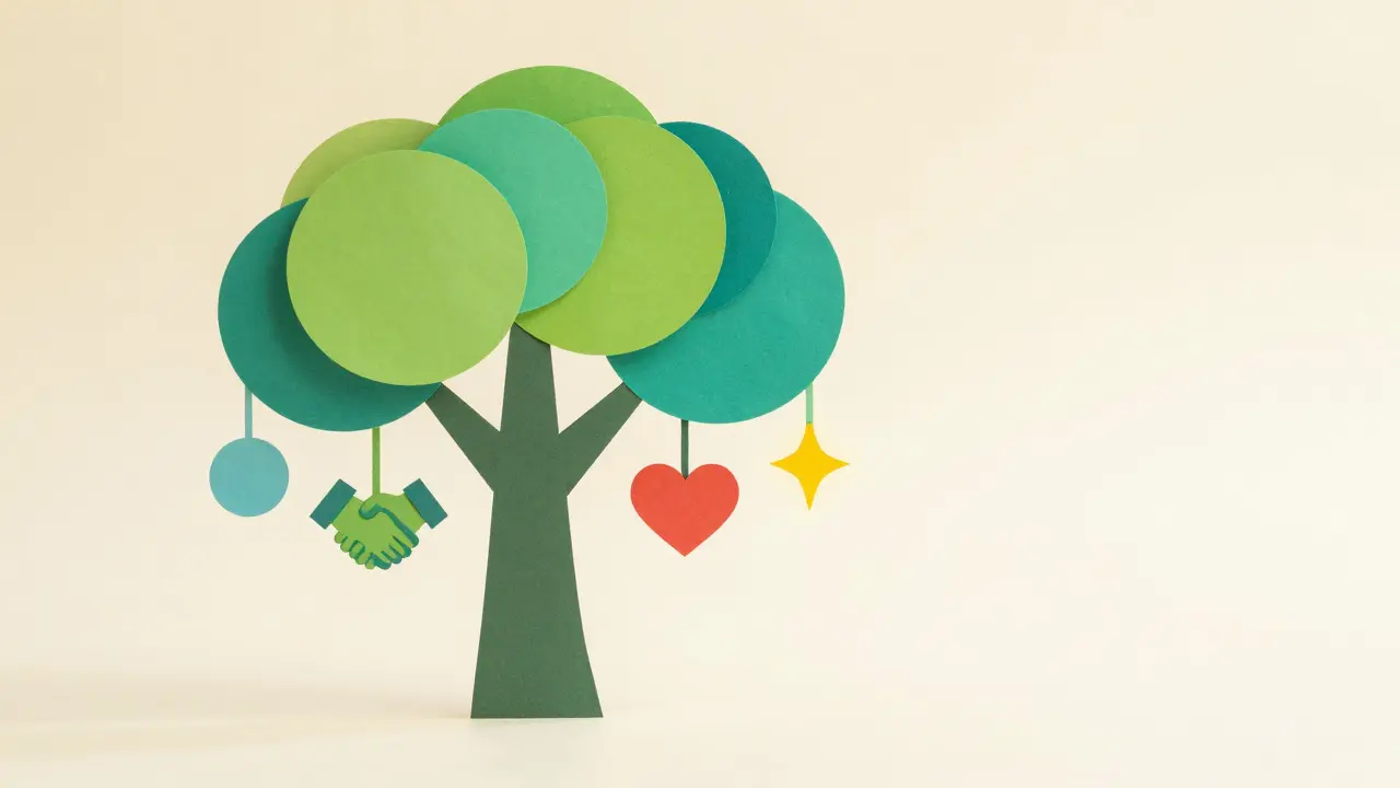 Kolaž z papíru znázornující růst vztahu a čtyři dimenze měření spokojenosti.