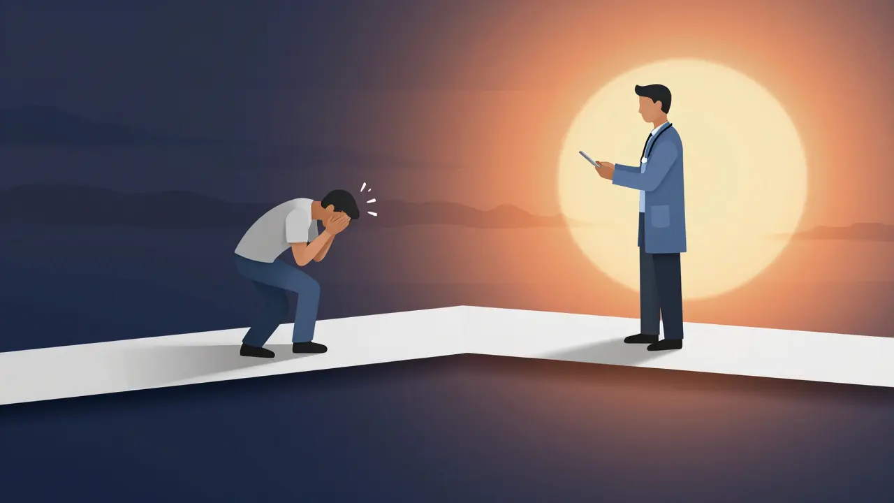 Konceptuální papírová ilustrace přechodu od krizového stavu k odborné pomoci.