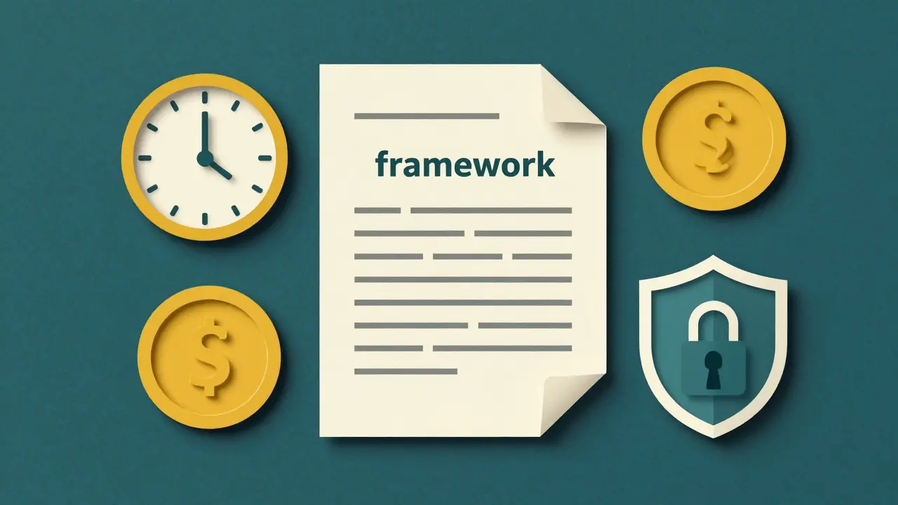 Konceptuální papírová ilustrace symbolů času, peněz a důvěrnosti obklopujících terapeutický kontrakt.