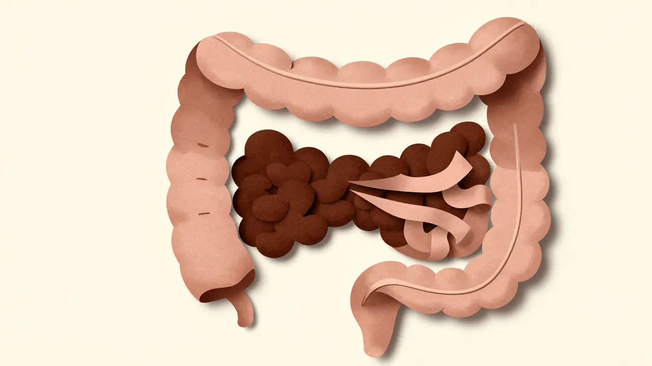 Kreativní znázornění střev a zácpy pomocí vrstveného barevného papíru.