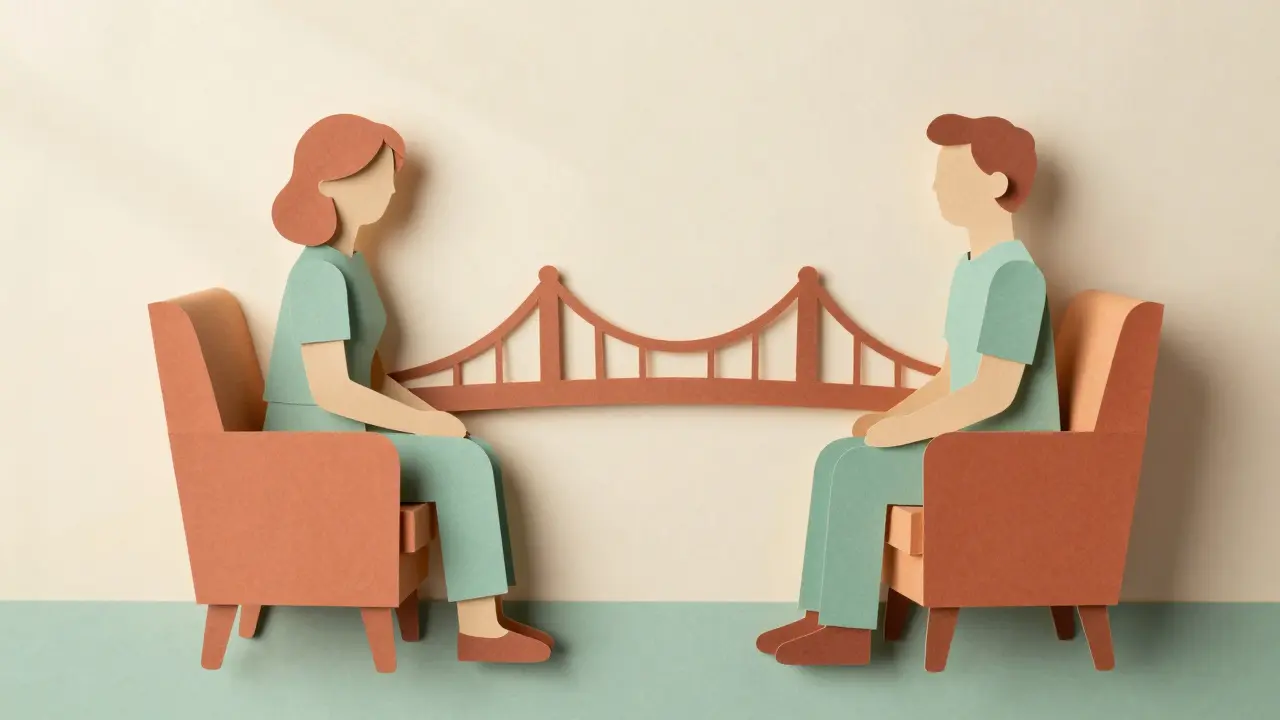Kutoutá ilustrace terapeuta a klienta s mostem symbolizujícím domluvu o ceně.