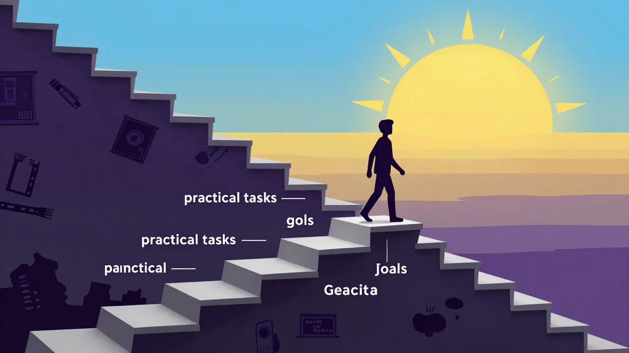 Papírová ilustrace cesty k uzdravení a osobnímu růstu po schodech k a světlu.