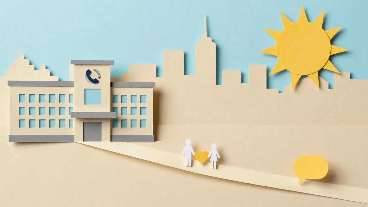 Papírová ilustrace cesty od hospitalizace k návratu do běžného života a zotavení.