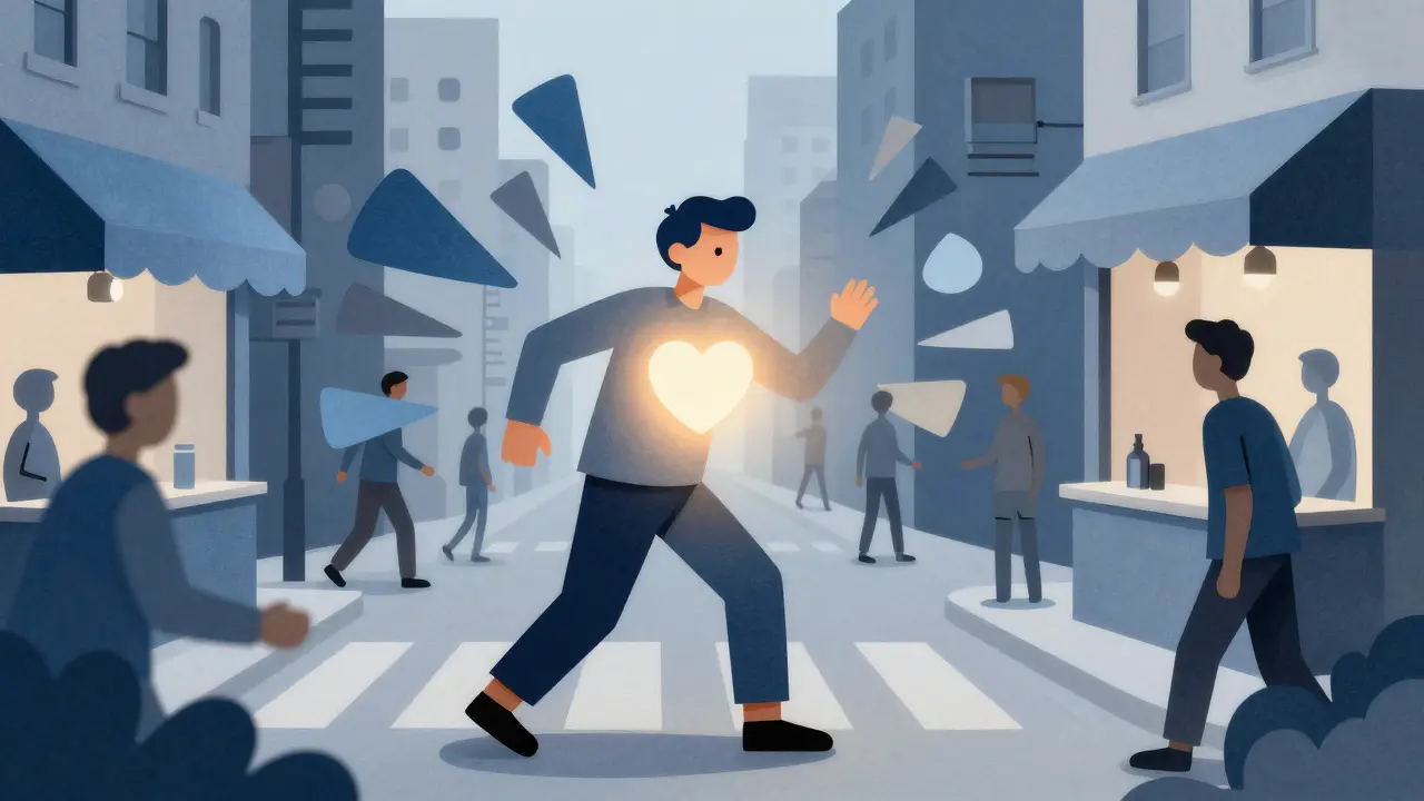 Papírová ilustrace člověka, který překonává úzkost při komunikaci v obchodě.