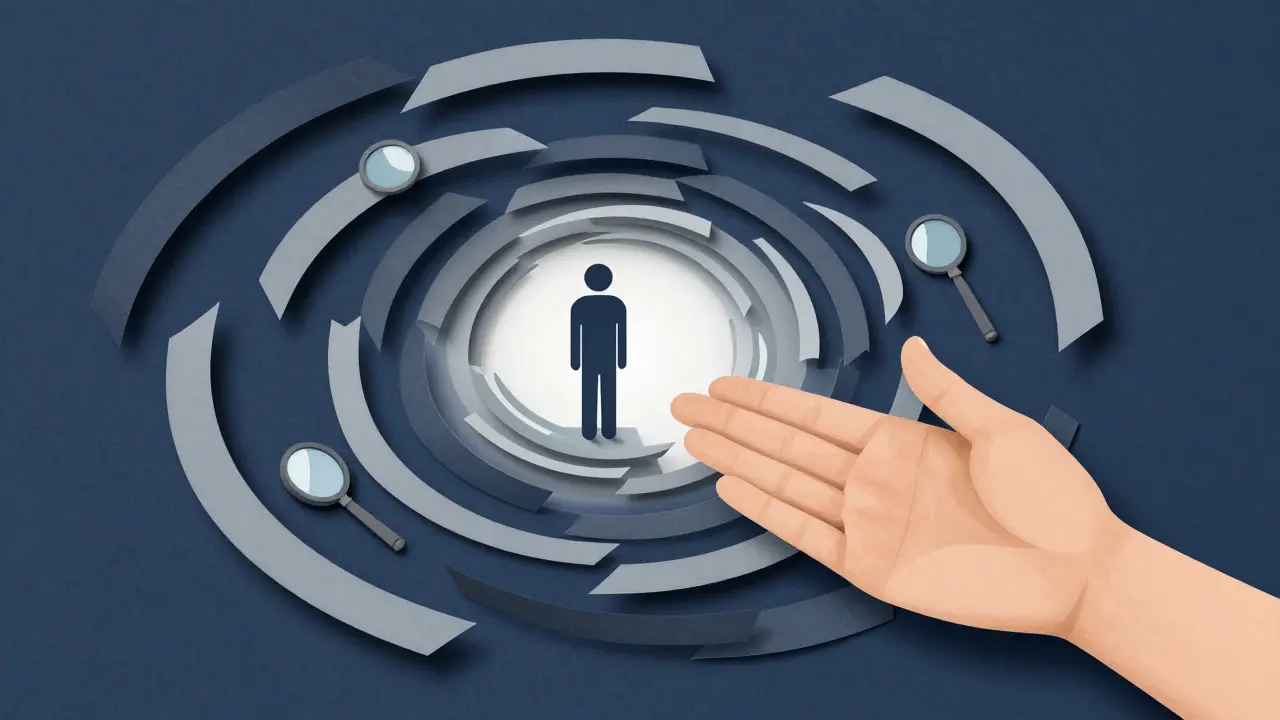 Papírová ilustrace cyklu úzkosti a procesu psychoterapie u dysmorfofobie.