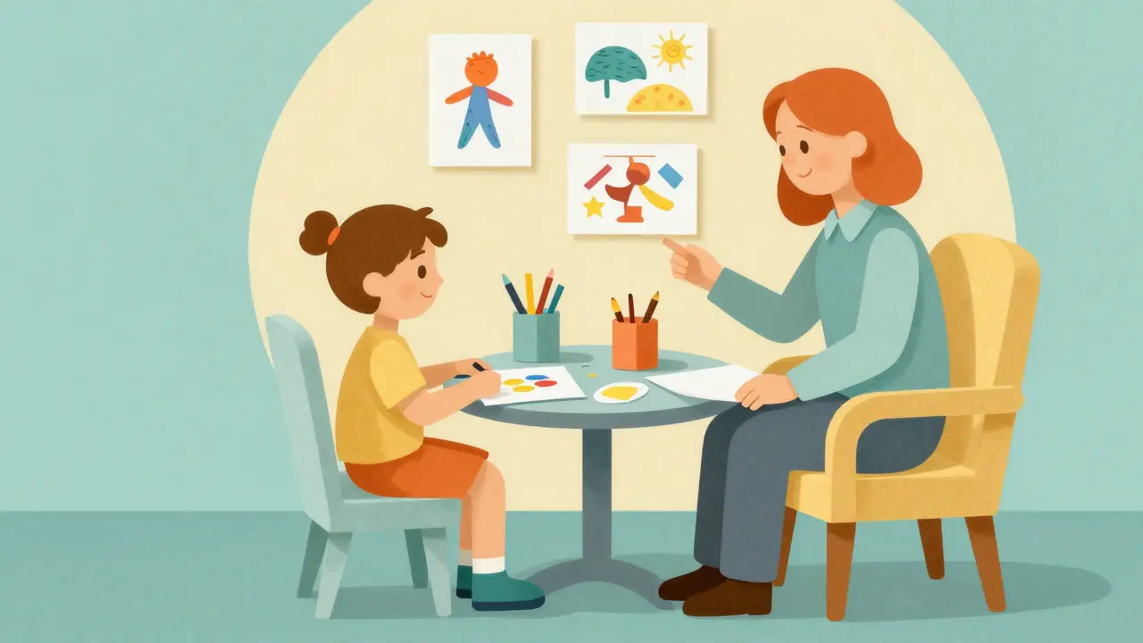 Papírová ilustrace dítěte při kreativní terapii s psychologem v bezpečném prostředí.