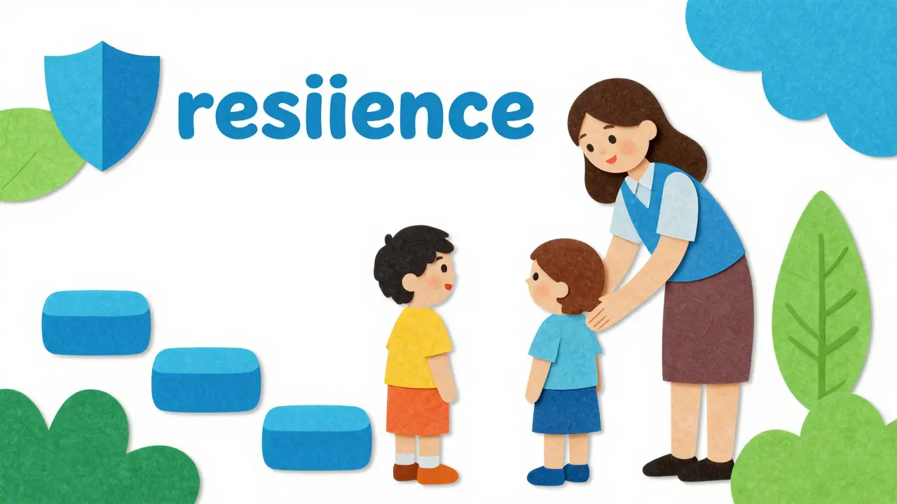 Papírová ilustrace dospělého, který podporuje dítě v prostředí školy.