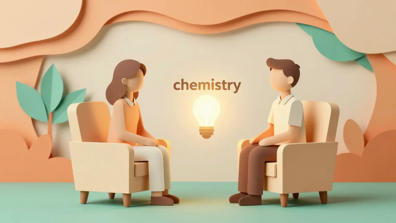 Papírová ilustrace důvěrného rozhovoru mezi klientem a empatickým terapeutem.